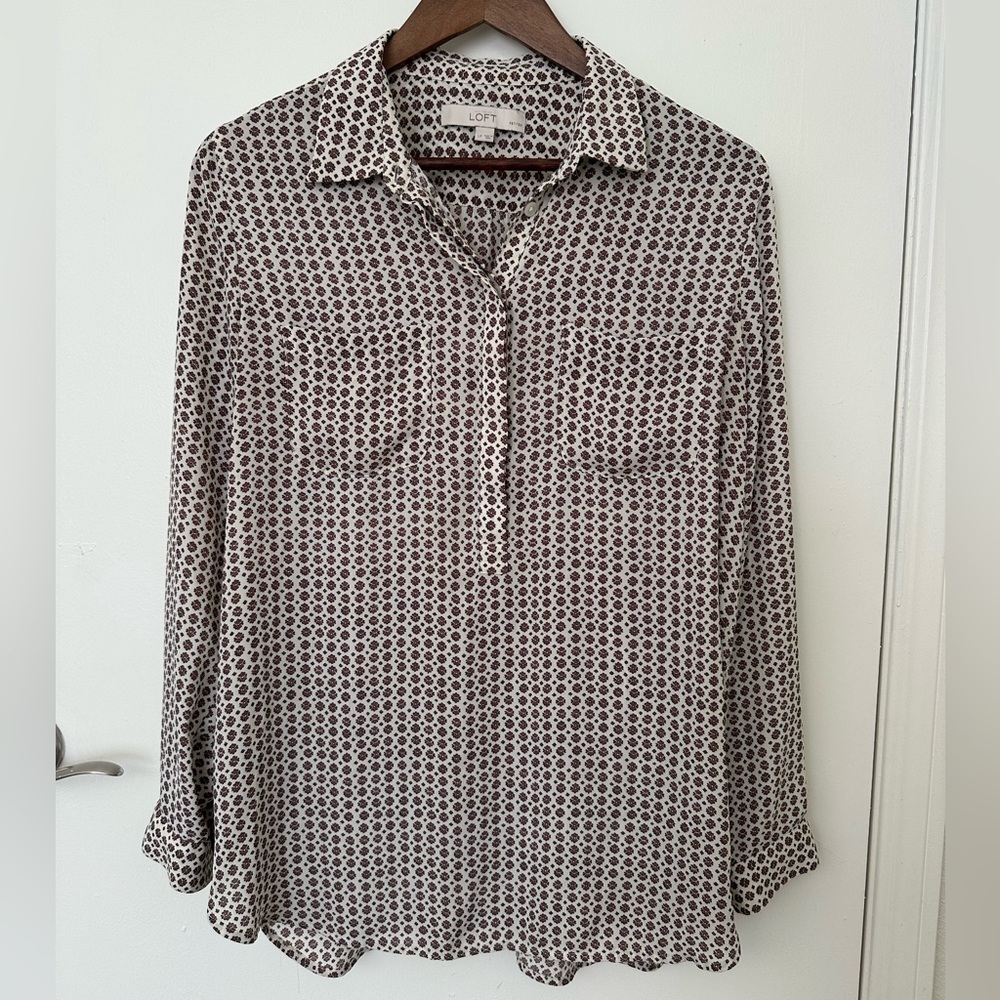 LOFT Geometric Floral Henley Blouse Top Long Sleeve Pocket Cream Burgundy LP